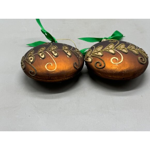 Vintage set of 2 Hand-Painted Glass Christmas Ornaments Gold Glitter Ribbon READ - Picture 3 of 7